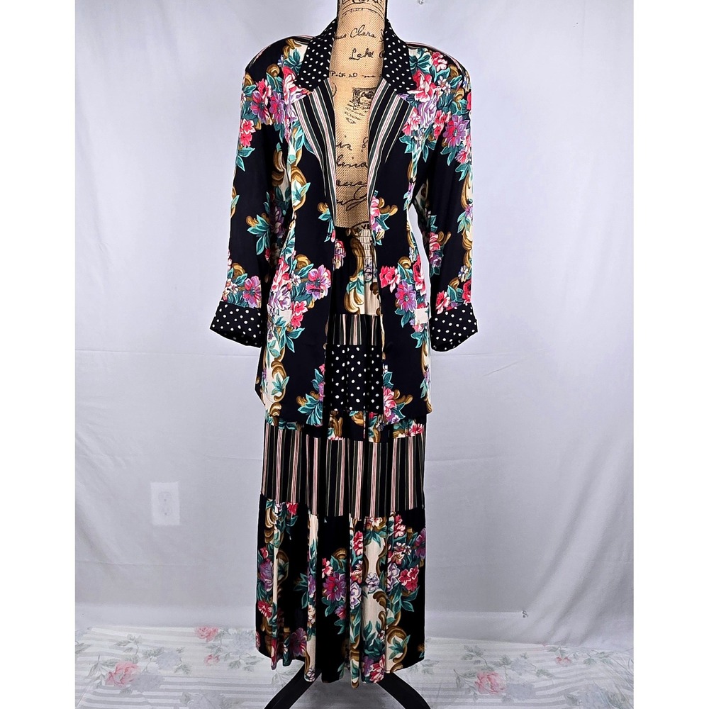 Gorgeous Vintage Carole Little Floral Mixed Print Set Blazer 10 Maxi Skirt 8 - Picture 5 of 16